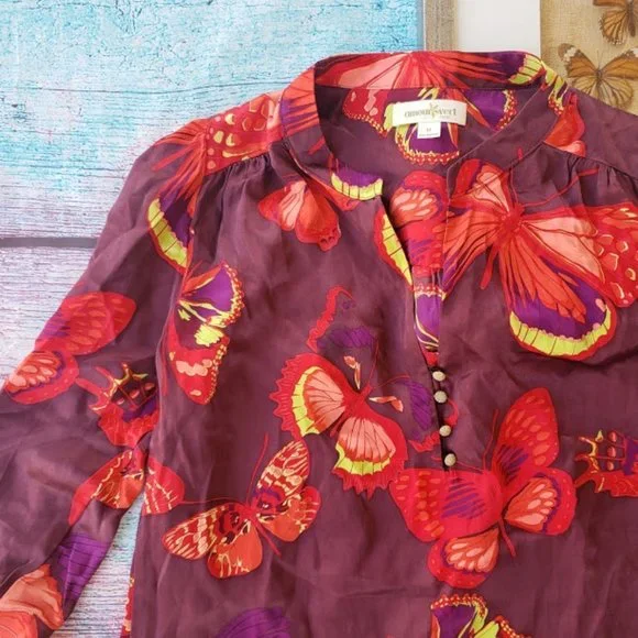 Amour Vert Red Dalila Silk Butterfly Print Tunic Shift Mini Dress M - Picture 6 of 11